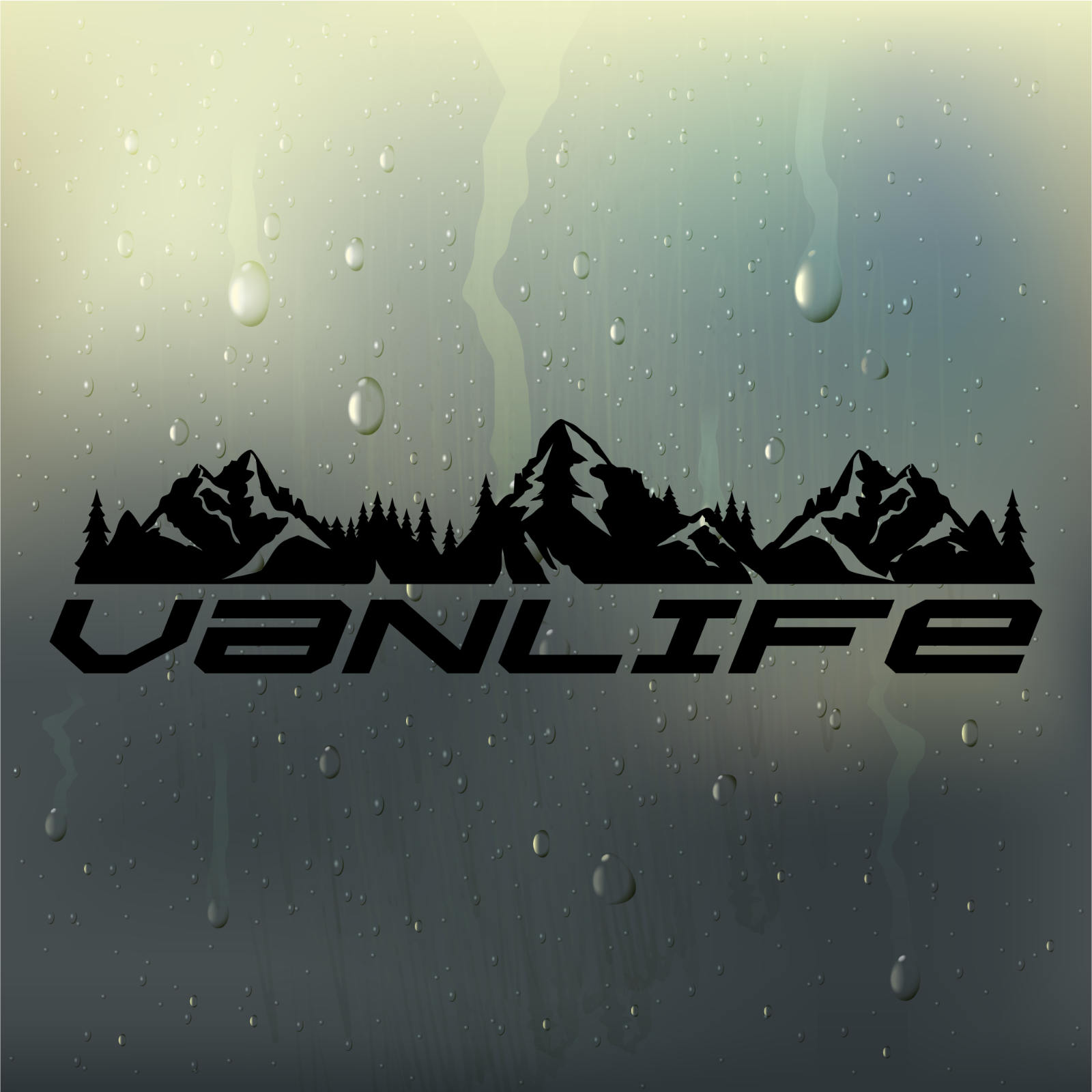 Detail close-up of the black and gray vanlife logo with mountain graphic.