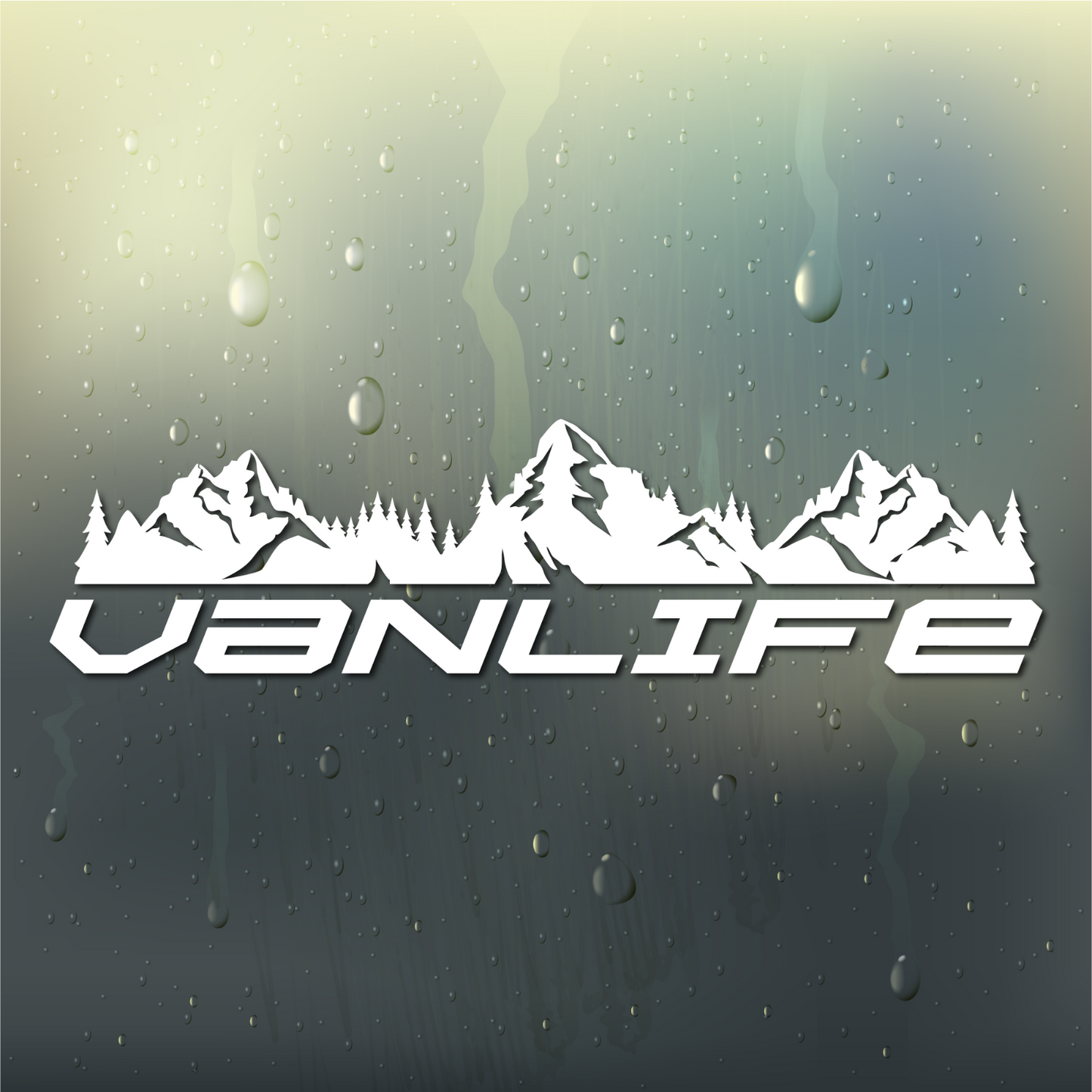 Detail close-up of the white and gray vanlife logo with mountain graphic.