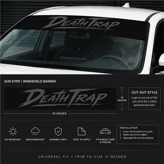 Packaging view of the black and white car window decal featuring brand logo and text design.
