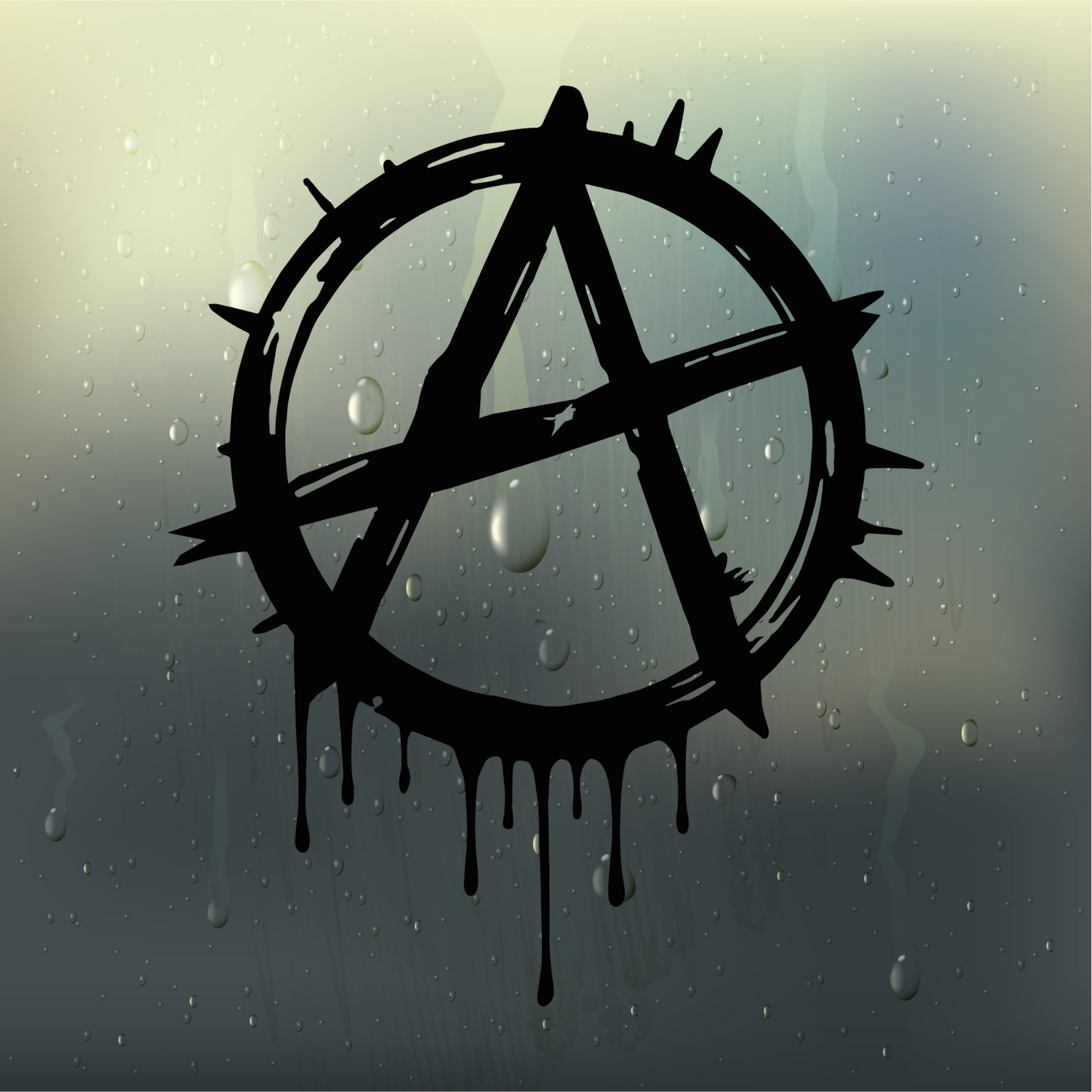 Close-up of the black anarchy symbol decal with a dripping effect