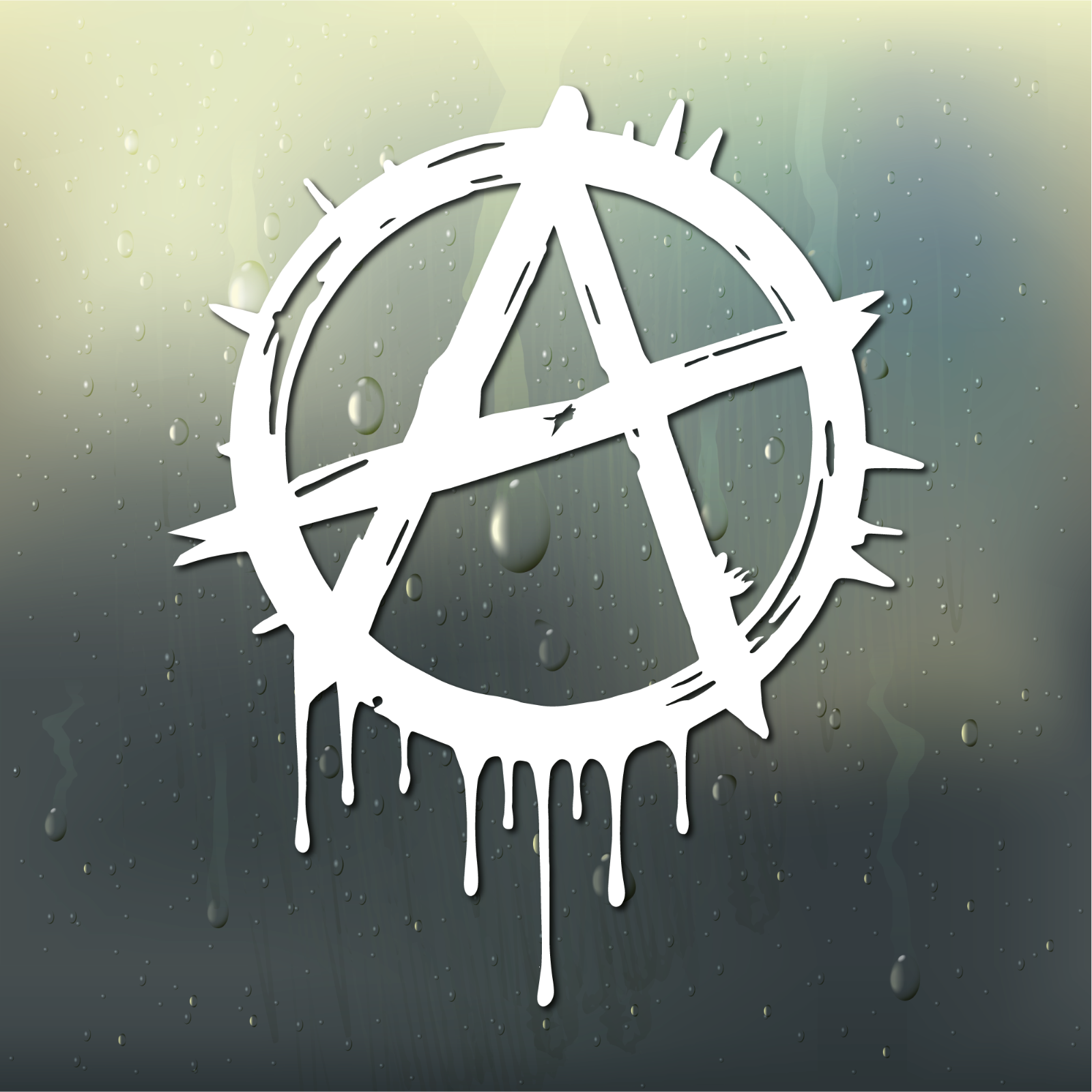 Close-up of the white anarchy symbol decal with a dripping effect