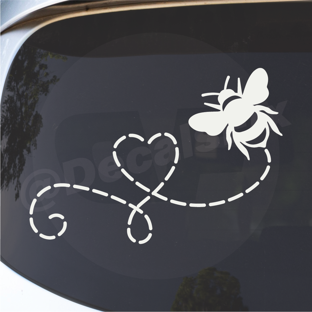Close-up detail of a black bee and heart decal with a dashed line design