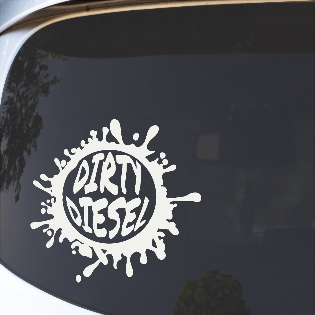 Detail close-up of the dirty diesel car window sticker featuring a splash design in black and white.