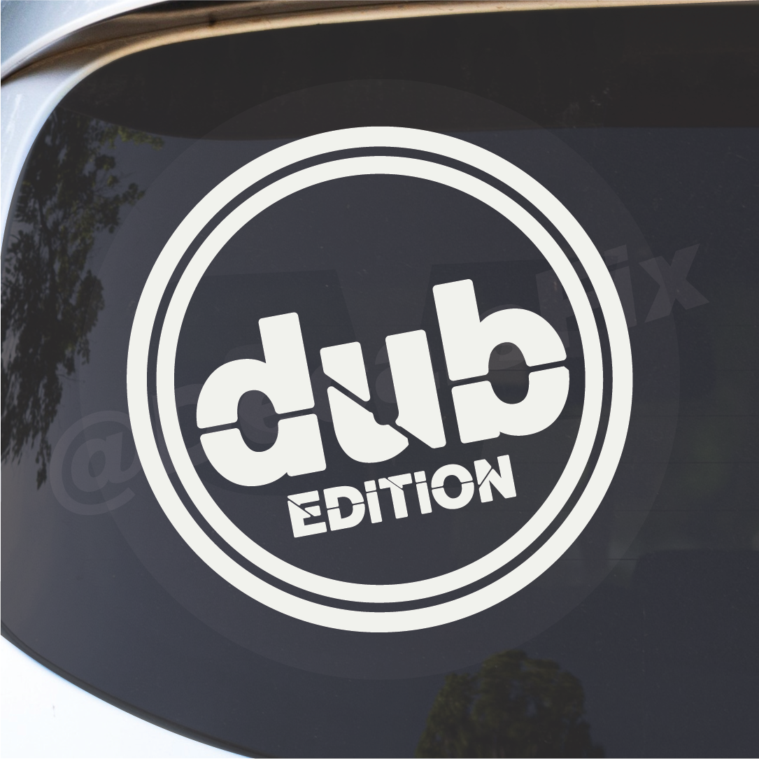 Detail close-up of the die-cut vinyl decal featuring the dub edition logo in black and white.
