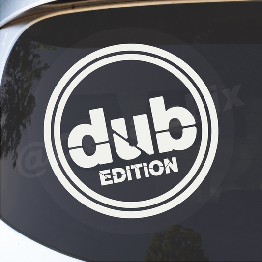 Detail close-up of the die-cut vinyl decal featuring the dub edition logo in black and white.