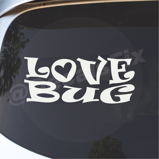 Detail close-up of the love bug vinyl decal featuring a heart symbol in black and white on a transparent background