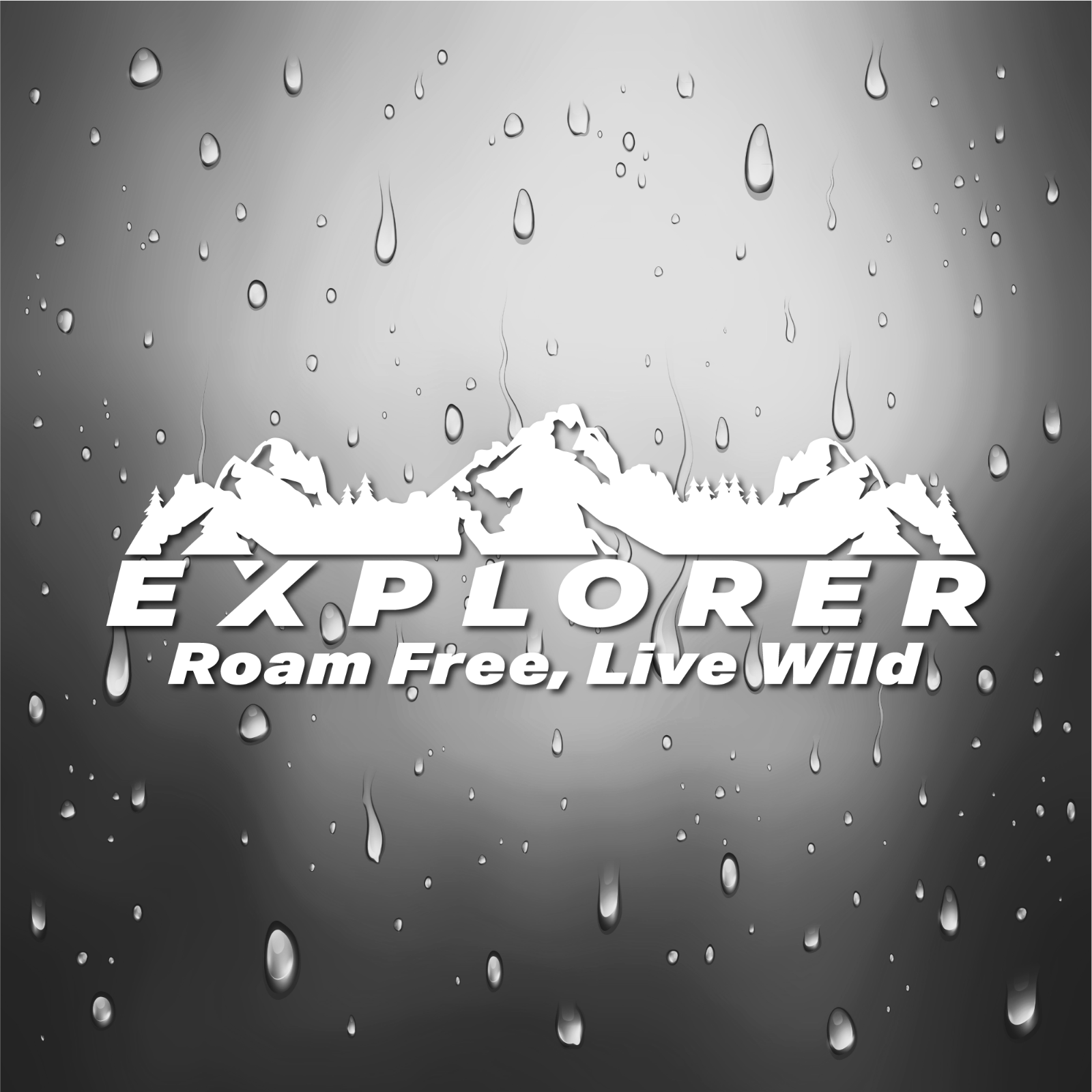 Text logo detail featuring the mountain graphic and water droplets in black and white.