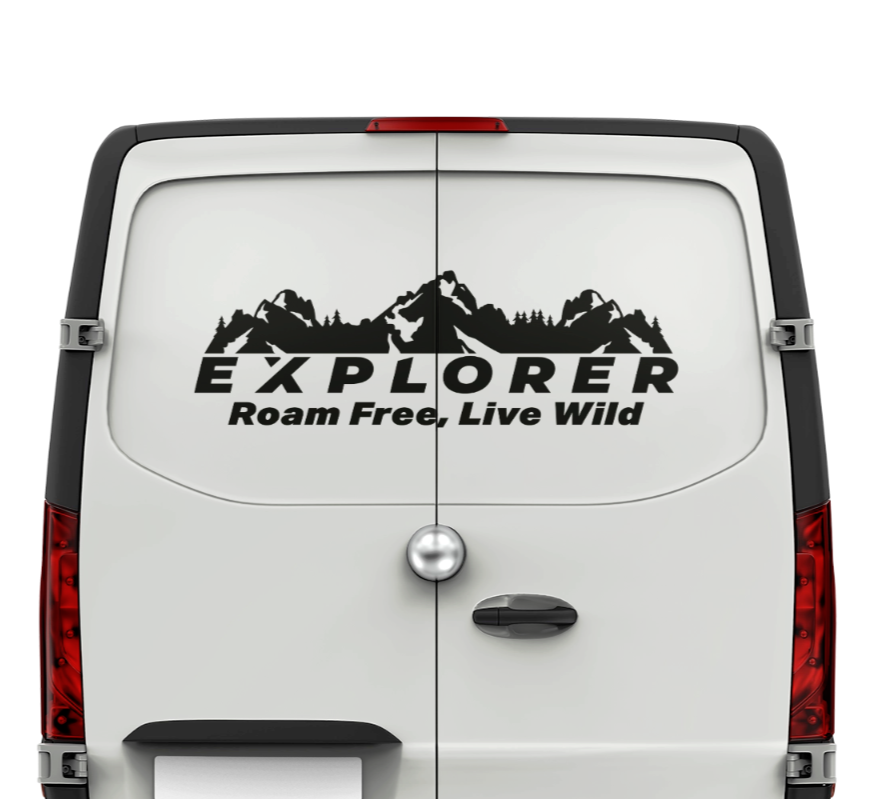 Back view of a white van featuring a mountain graphic and Explorer text.