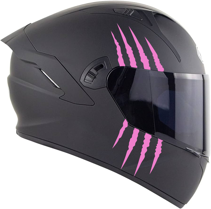 Side view of a black motorcycle helmet with claw scratch marks and visor.
