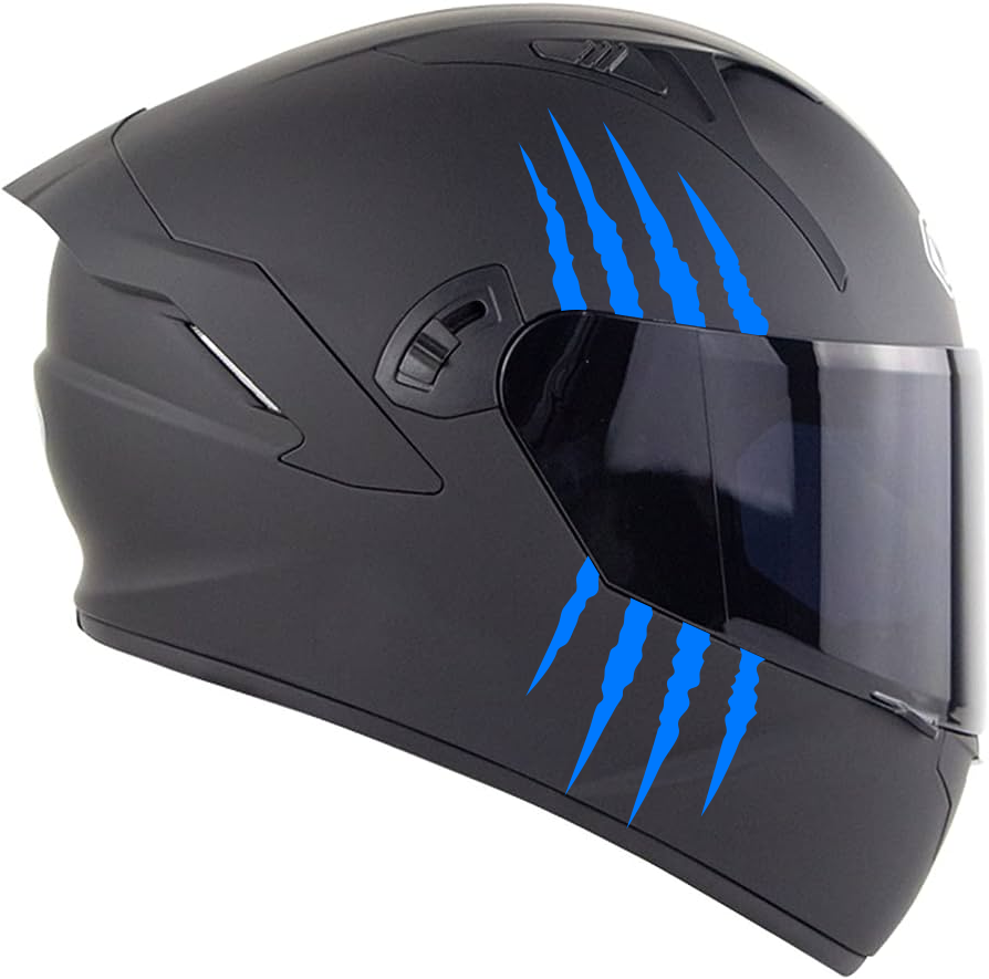 Side view of a black motorcycle helmet with claw marks design.
