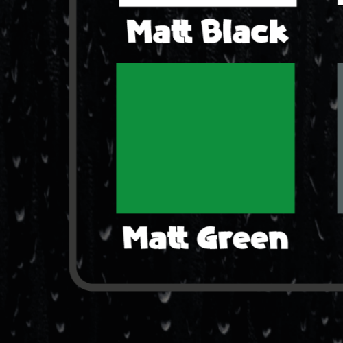 Detail close-up of a color swatch showing a matte finish in black and green.