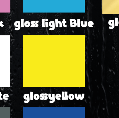 Detail close-up of a color swatch showing a gloss finish in light blue and yellow.