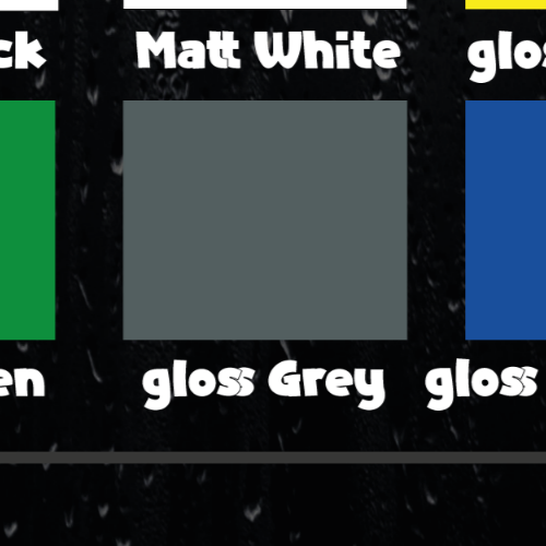 Detail close-up of a color swatch displaying a gloss finish in white and grey.