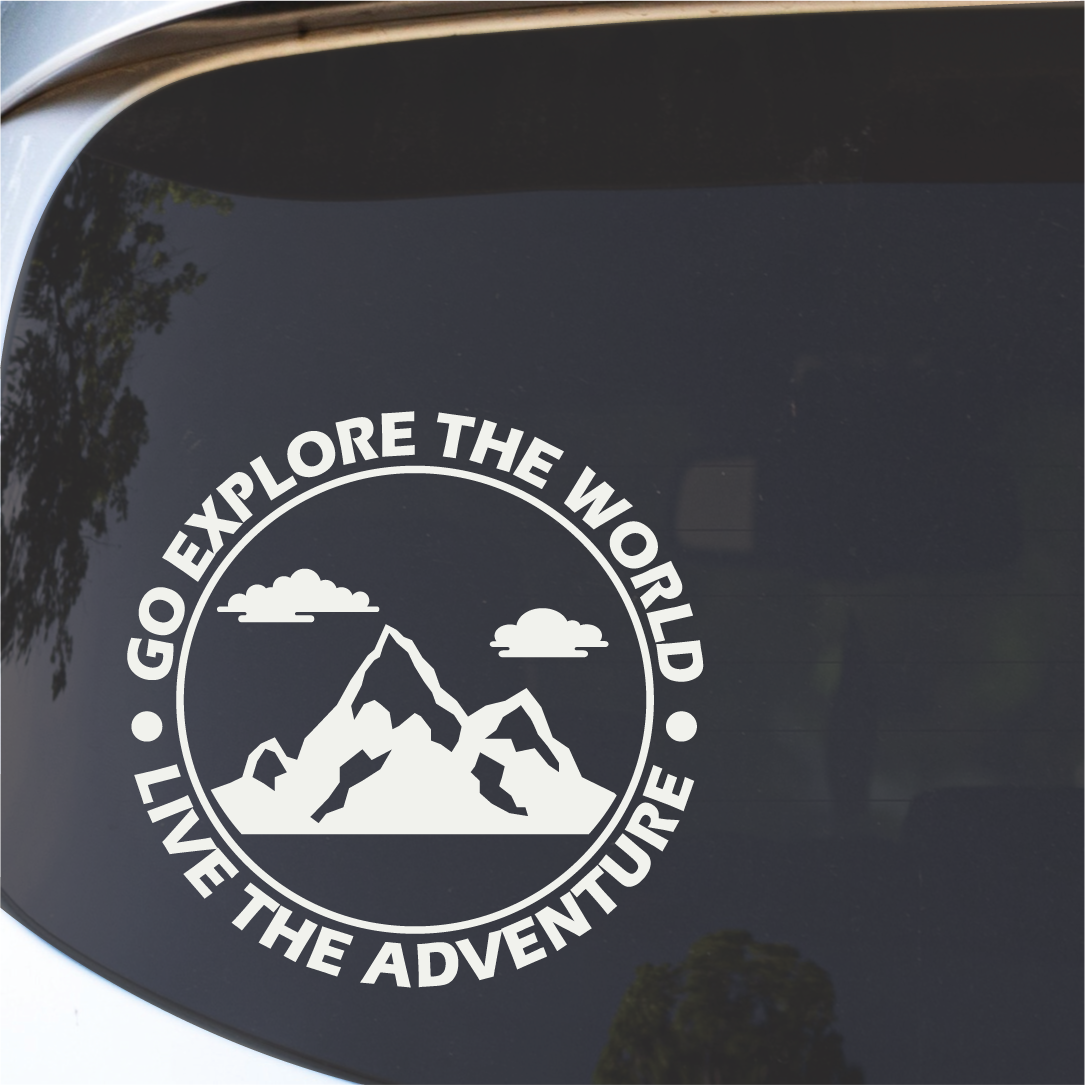 Detail close-up of the die-cut vinyl decal sticker featuring a mountain graphic in black and white on a transparent backgr…