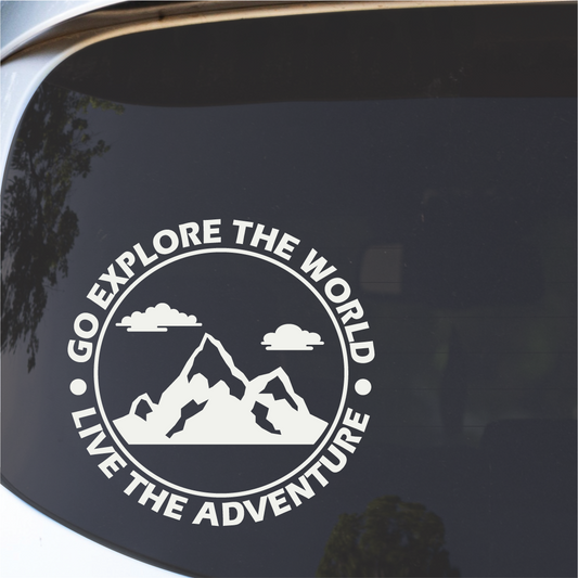 Detail close-up of the die-cut vinyl decal sticker featuring a mountain graphic in black and white on a transparent backgr…