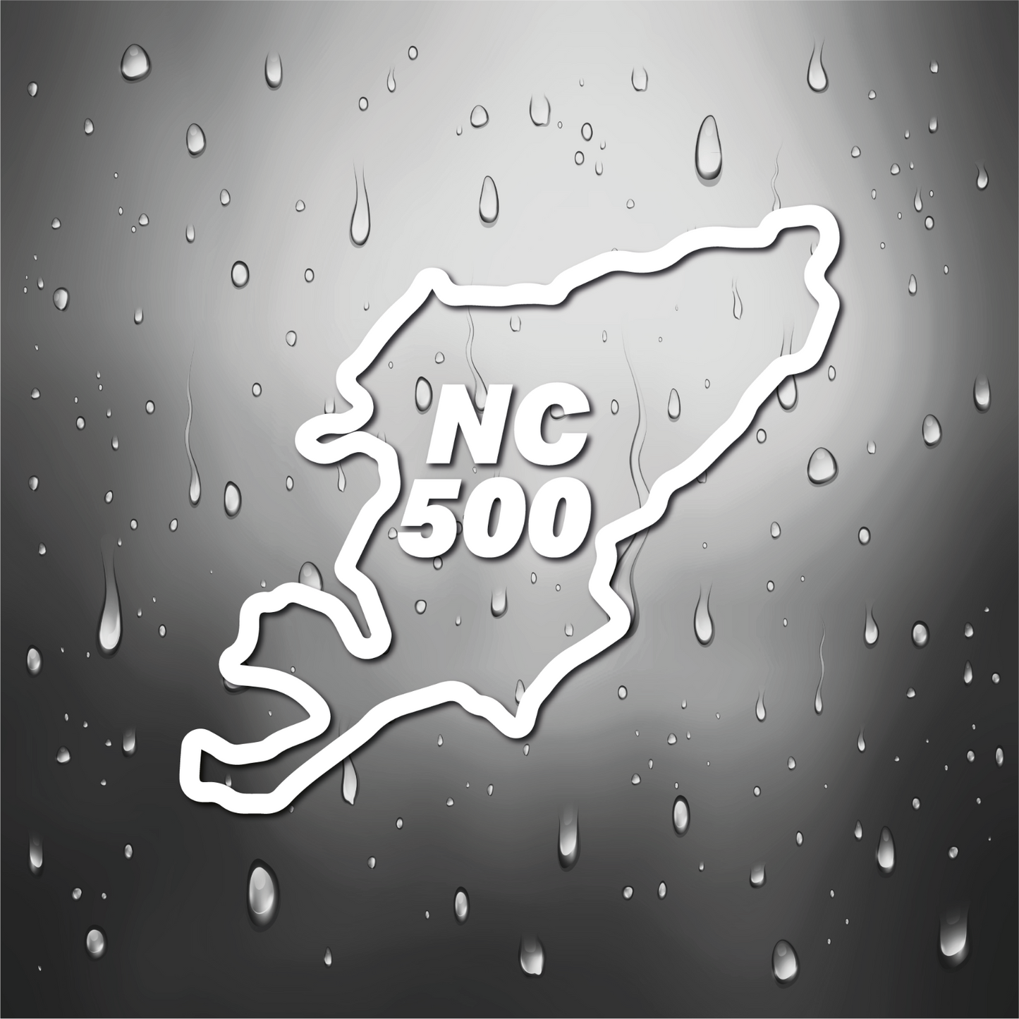 detail close-up of a white map outline sticker featuring nc 500 text