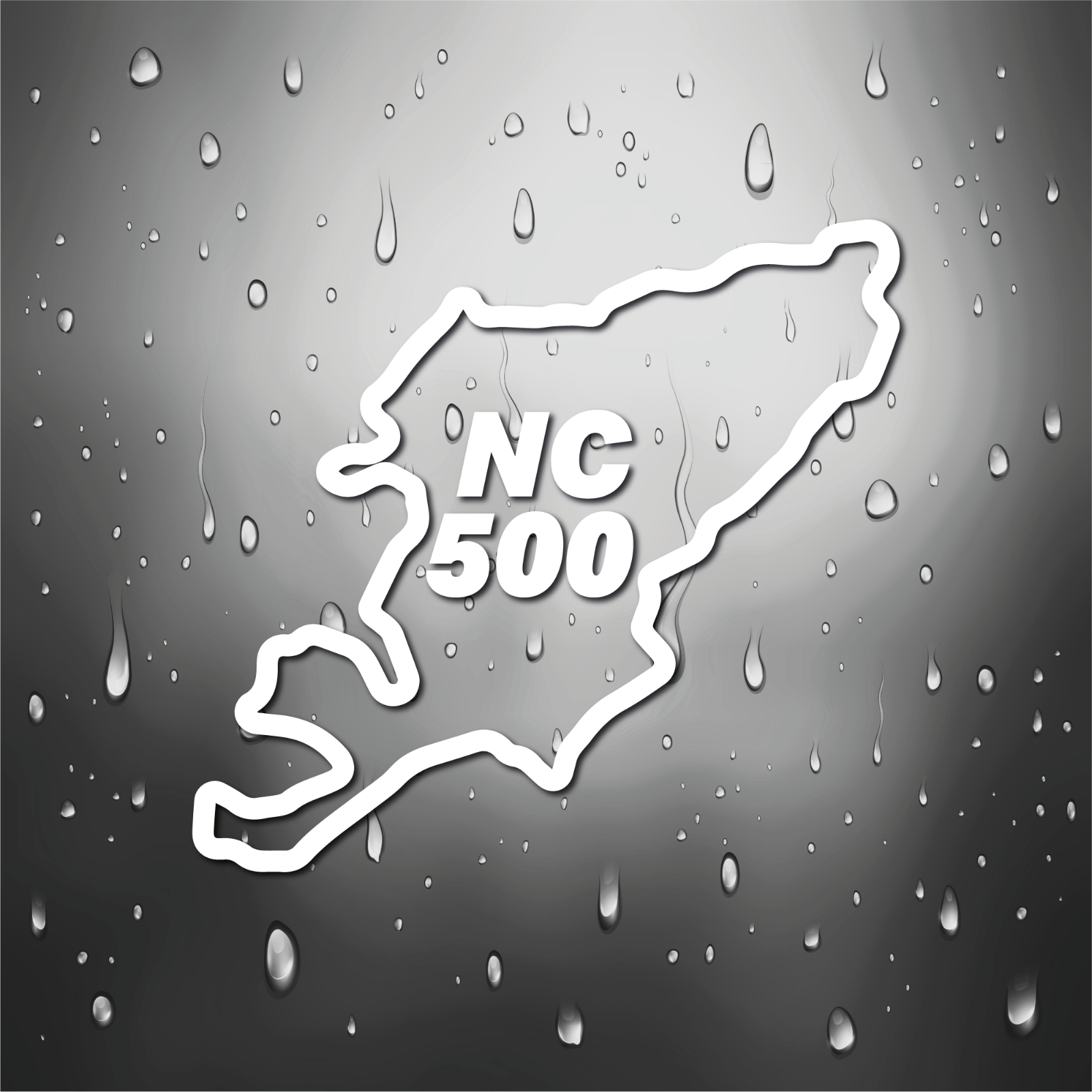 detail close-up of a white map outline sticker featuring nc 500 text