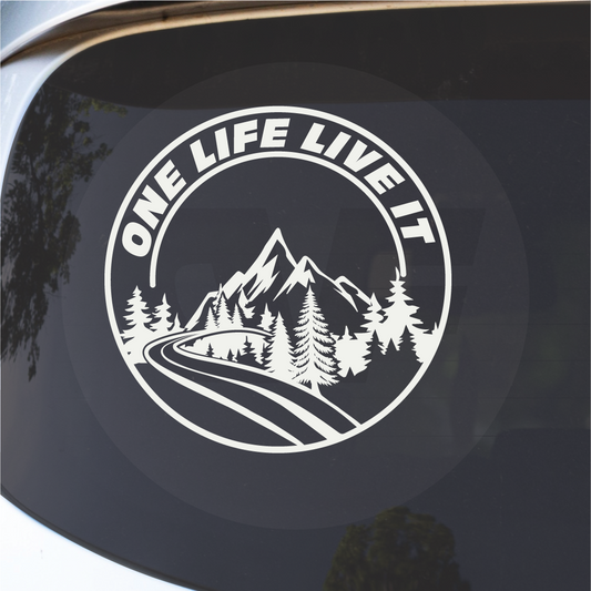 Close-up of a die-cut vinyl decal sticker featuring a mountain graphic in black and white.