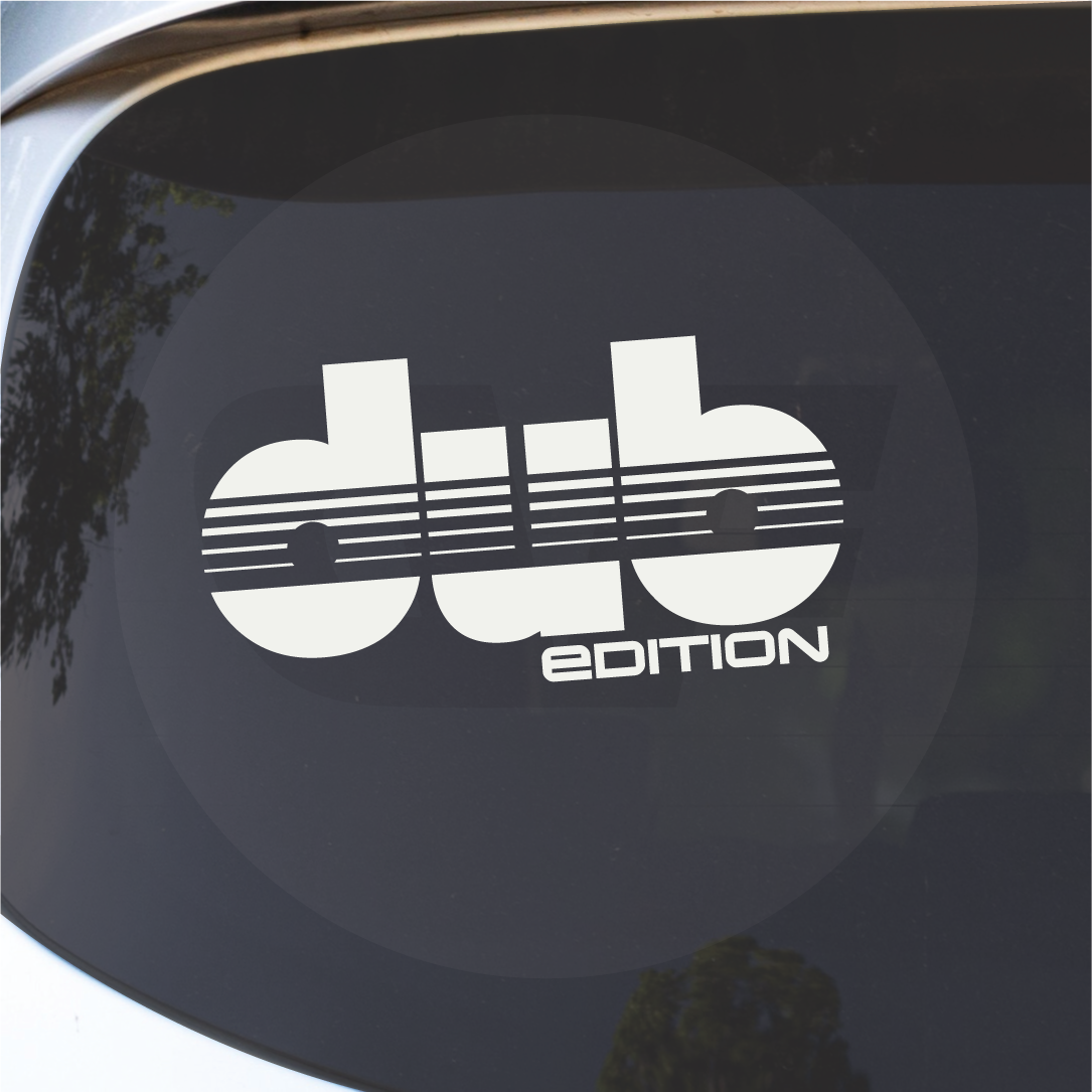Detail close-up of the dUB Edition sticker in black and white with a reflective surface