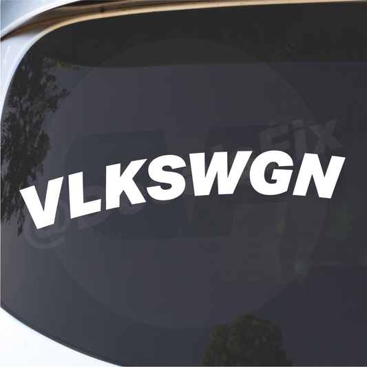 Detail close-up of the black and white VLKSWGN vinyl decal for car windows.